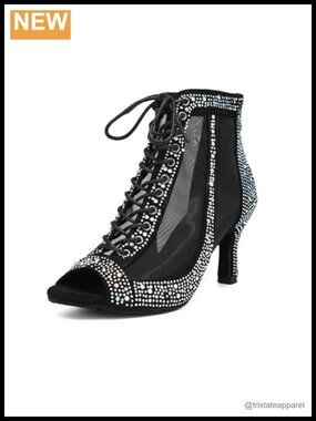 Rhinestone Latin Salsa Dance Heels 3 Inch Suede Sole Lace Up